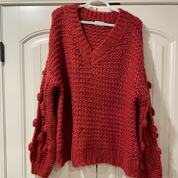 Pink Lily Sweaters - Red Pom Sleeve Sweater